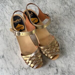 Swedish Hasbeens Metallic Gold Woven Clogs